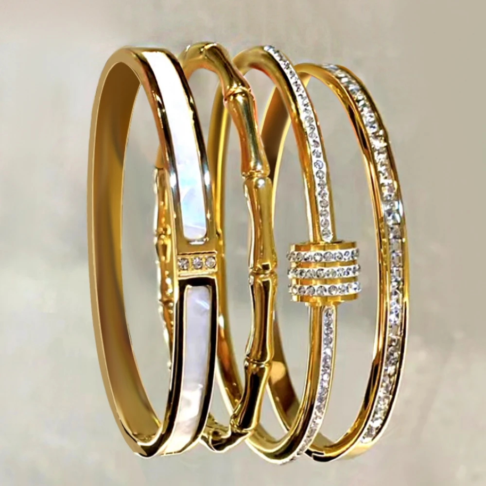 Classic Bracelet Design Gold Color Waterproof Stainless Steel Luxury Brand Sparkling Zircon Bangles for Women Gift Jewelry