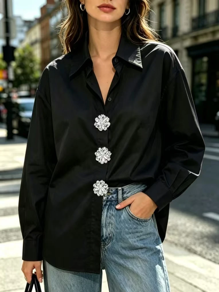 Luxury Design Detachable Bling Diamonds Brooch White Cotton Shirts Blouses Women's Long Sleeve Autumn Tops Woman Clothes