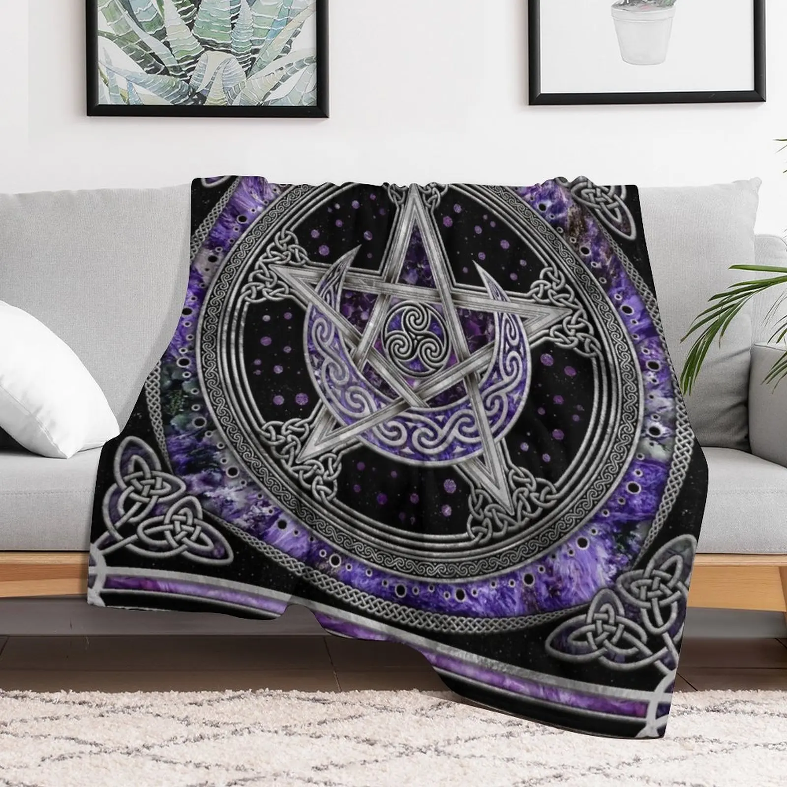 Pentagram Triskelion Amethyst Moon Throw Blanket