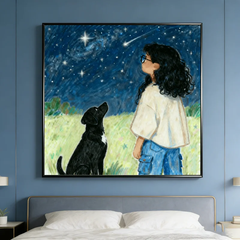 A 2D flat frameless decorative painting of a starry sky featuring a pet dog and its owner. Suitable for Christmas.
