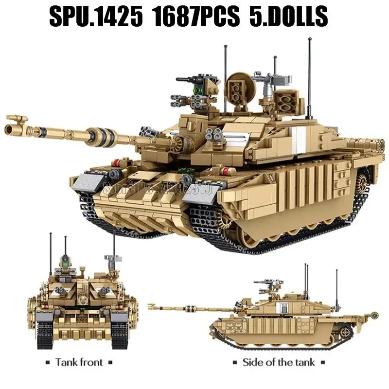 632008 1687pcs Military British Challenger Main Battle Tank Army Soldier 5 Dolls Building Blocks Toy