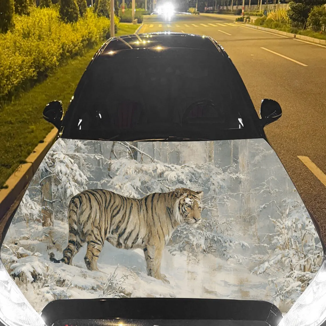 

Car Decals Tiger in Frosty Forest Textured Background & Artistic, Immersive Visual Details Car Hood Sticker, Waterproof Self - A