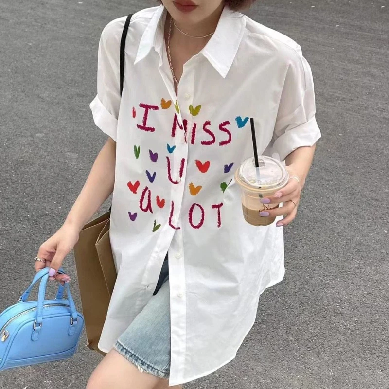 EBAIHUI Summer Letter Print Women Shirt Korean Graffiti Colorful Design Lady Short Sleeve Blouse Loose Polo Collar Cardigan Tee