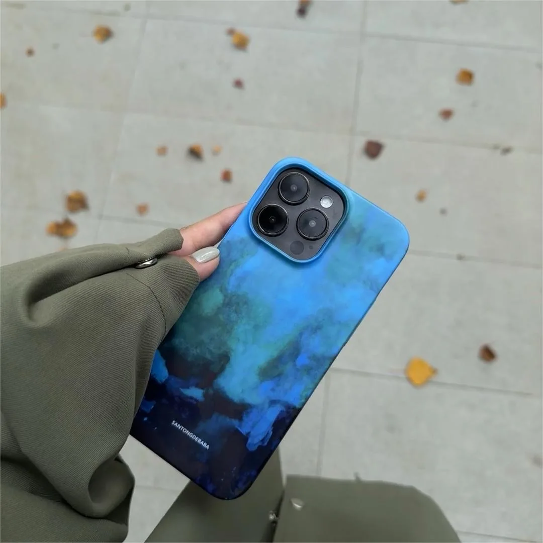 Artistic INS Style Blue Smoke Forest Oil Painting Chic Phone Case for iPhone 15 14 11 12 13 Pro Max Plus Back Cover