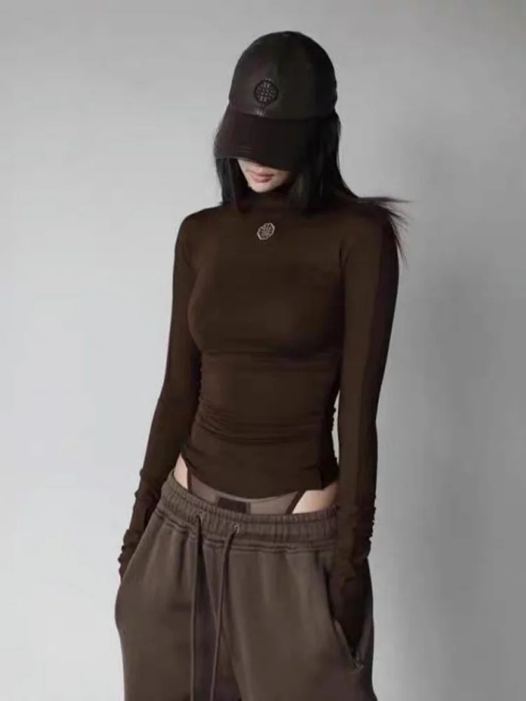 2025年新作 ハイストレッチ モダール素材 タートルネック スリムフィット ブラックデザイン セクシー 細見え 秋 長袖 レイヤードトップス