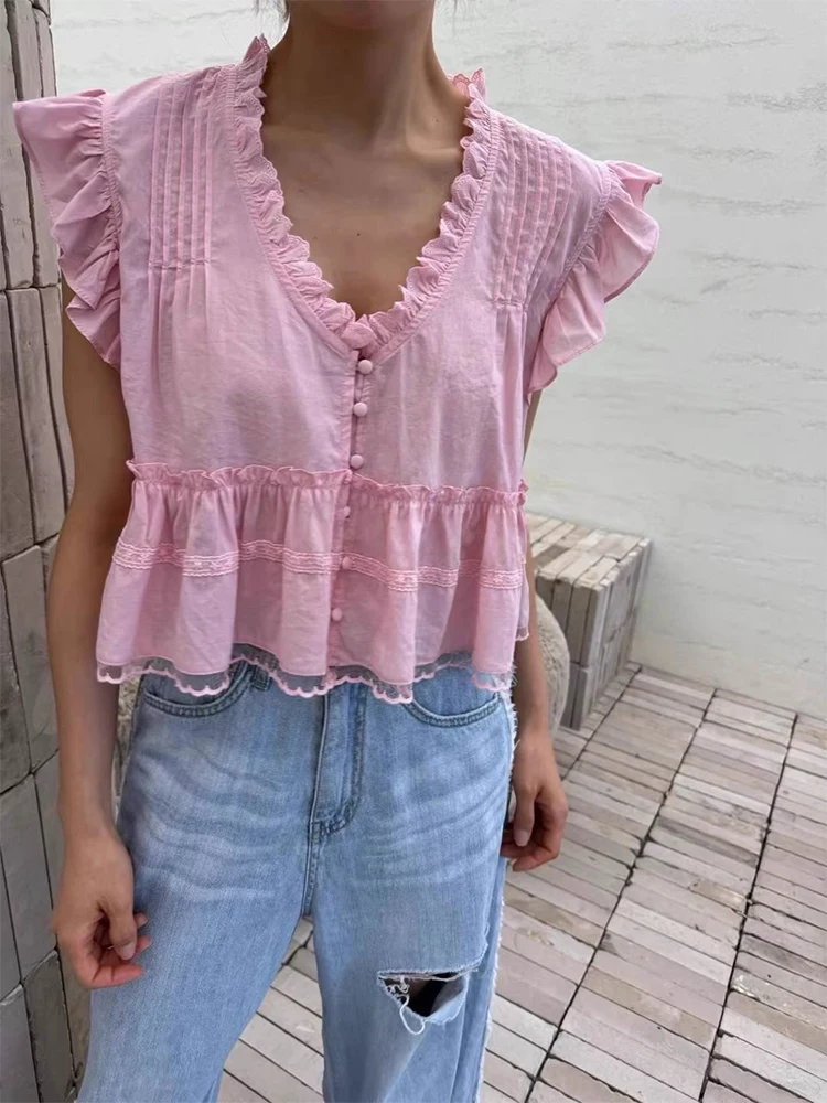 

Sweet Ele Pleated V-ne irt Wooden Bells Sves Splicing Design Breathable Korean Sle Women's Casual Top