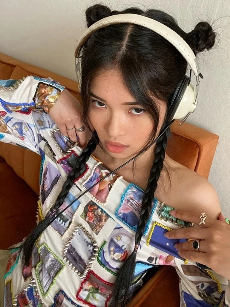 قميص مطبوع قبالة الكتف المحاصيل الأعلى النساء Y2k ملابس طويلة الأكمام النسوية قميص سليم صالح Camisetas الكورية Ropa De Mujer