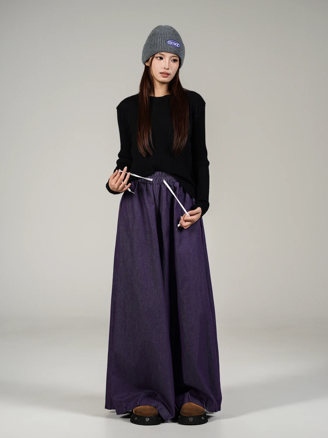 Pantalones Casuales Retro de Cintura Alta y Pierna Ancha para Mujer, Morados, Estilo Linterna, de Mezclilla, Algodón y Spandex, Cintura Elástica, Ajuste Holgado