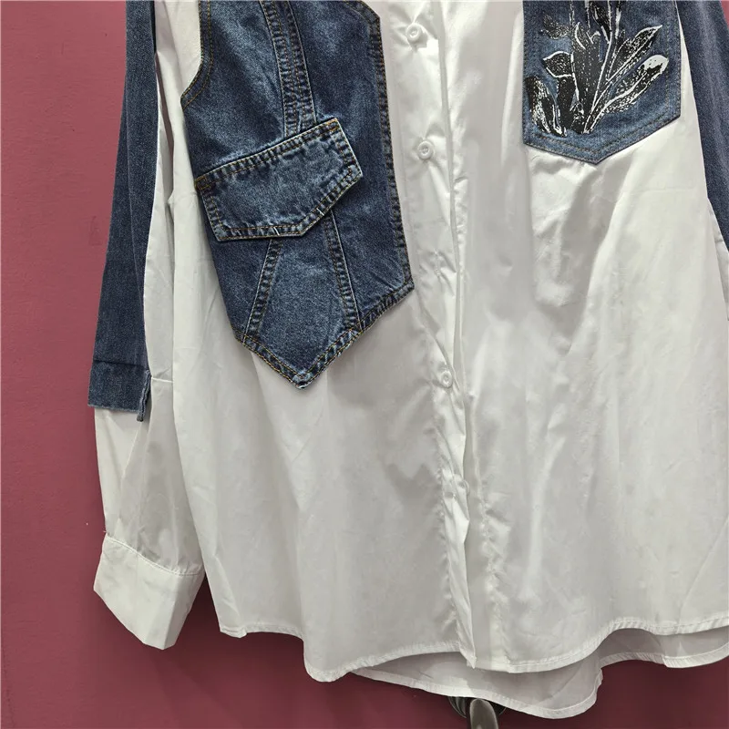 SuperAen 2026 Autumn New Plaid Patchwork Denim Color-Contrasting Design Loose Long-Sleeved Shirt Europe and America Style Shirts