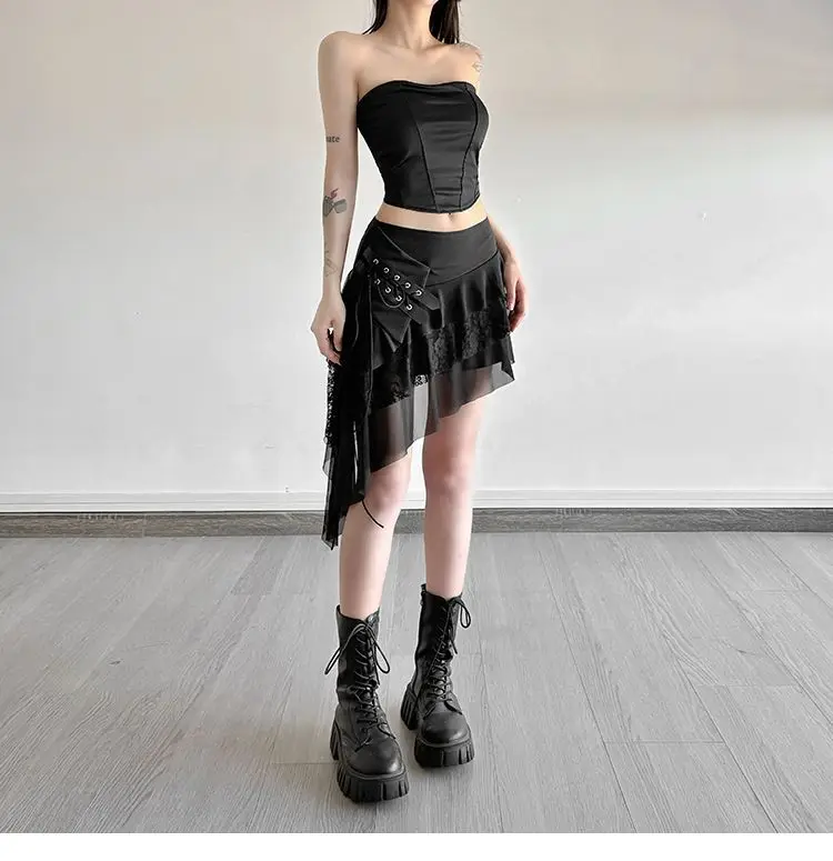 26SS Punk Lace Stitching Design Irregular Lace-up Skirt Women