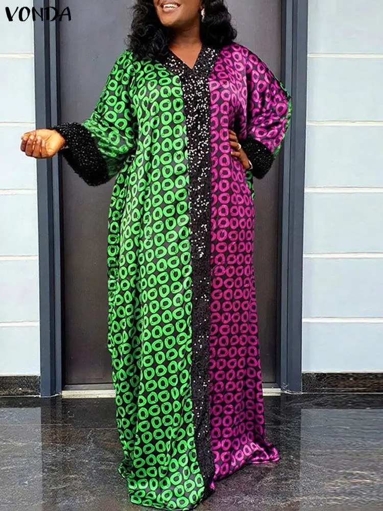 Gaun Maxi Wanita VONDA Ukuran Besar 5XL Lengan Panjang Model V-Neck Motif Bohemian Jubah Panjang 2025 Longgar Retro Kasual Pesta Vestidos
