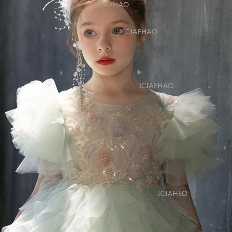 2026 New Green Children Girls Formal DressOutfit Gown Fashion Birthday Evening Cute Costume Princess Performance Kids Pageant