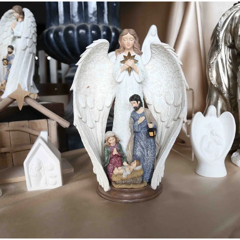 Nativity Scene Statue Hand Painted Figure with Angel Wings Family Carving Decor Home Christmas Ornament & Gift