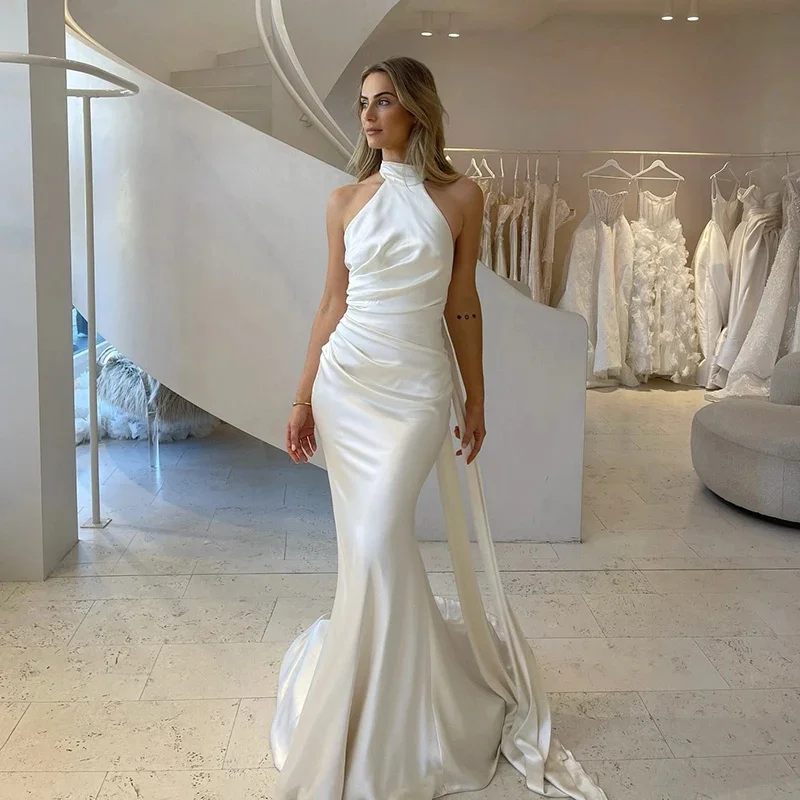 Vestidos de novia de satén con cuello Halter y espalda descubierta, traje de sirena blanco, personalizado, sencillo, 2025