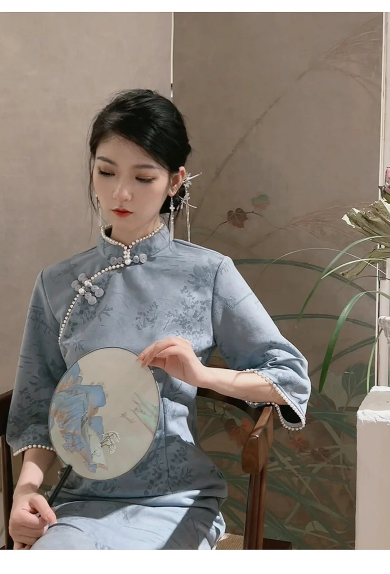 Women New Year Blue Floral Cheongsam 3/4 Sleeve Vintage Chinese Style Dress Show Costumes Female Elegant Improved Long Qipao