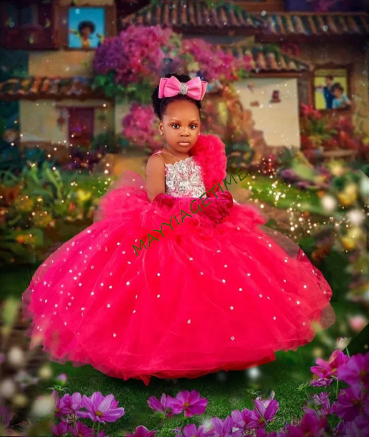 Red Girls Birthday Party Dresses Beaded Extra Puffy Tulle Flower Girl Dresses Baby Kids Ball Gowns for Photo Shoot