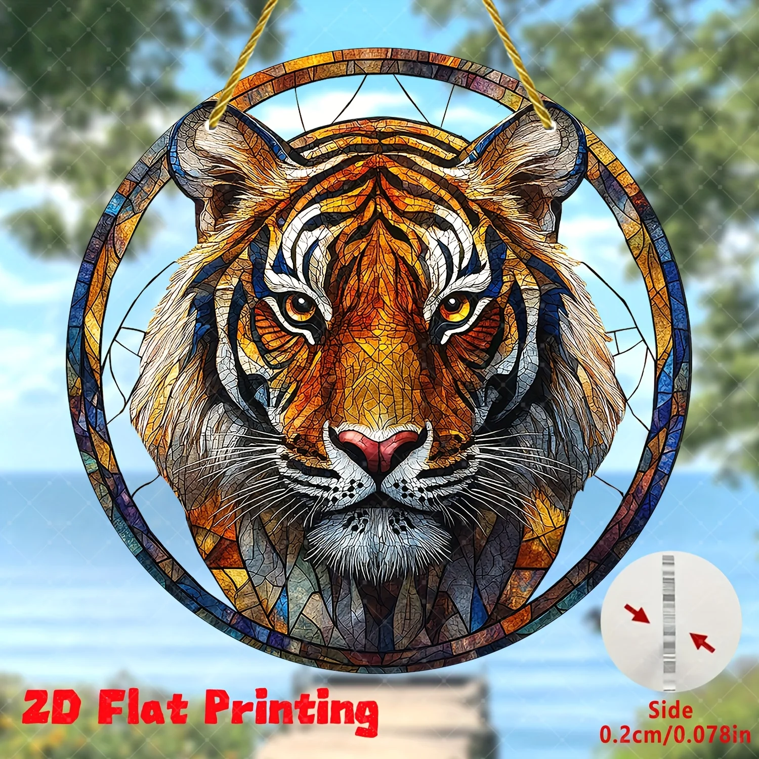 Acrylmalerei Majestätischer Tigerkopf im Buntglas-Stil Fensterdekoration Sonnenfänger, 2D Flachdruck Acryl Wandkunst Deko, Wil
