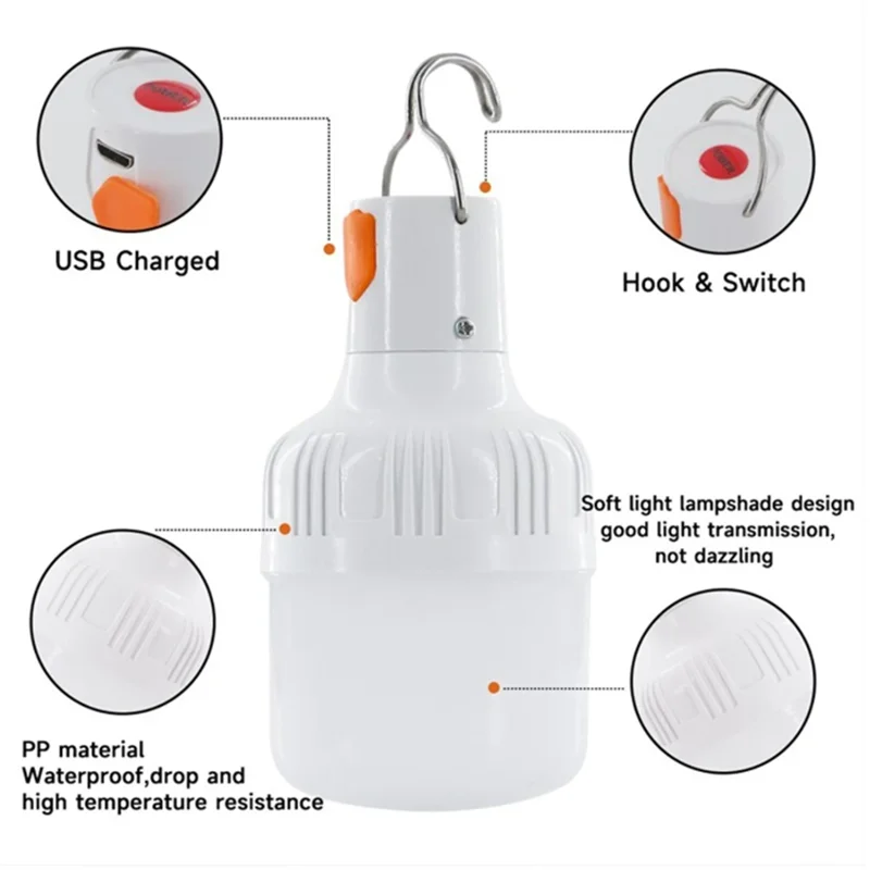 1 buah lampu bohlam LED portabel USB, dapat diisi ulang 60W lampu darurat Hook Up berkemah memancing lentera lampu malam LT014