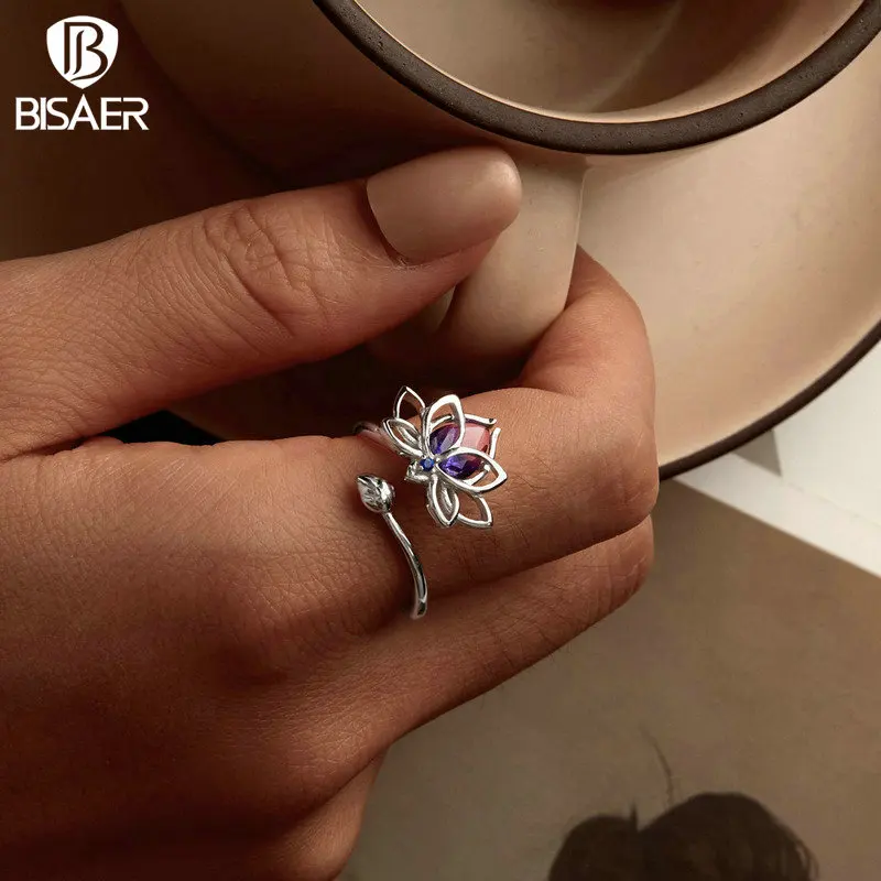 BISAER 925 Sterling Silver Lotus Flower anello aperto taglia 5-9 viola Eternity Band placcato platino per donne eleganti gioielleria raffinata