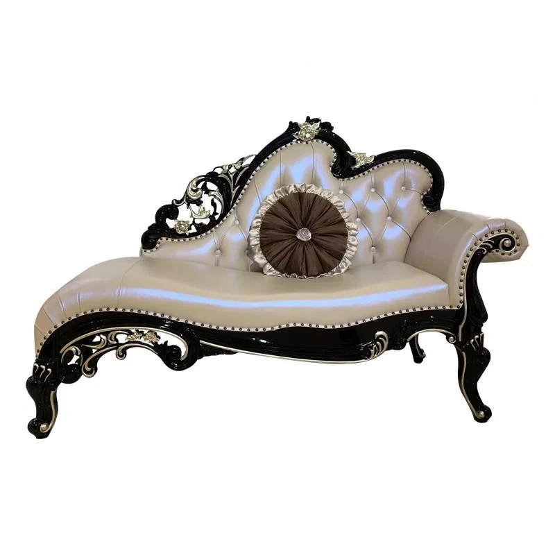 

European leather chaise longue luxury recliner wood carving flower bedroom single bed end stool