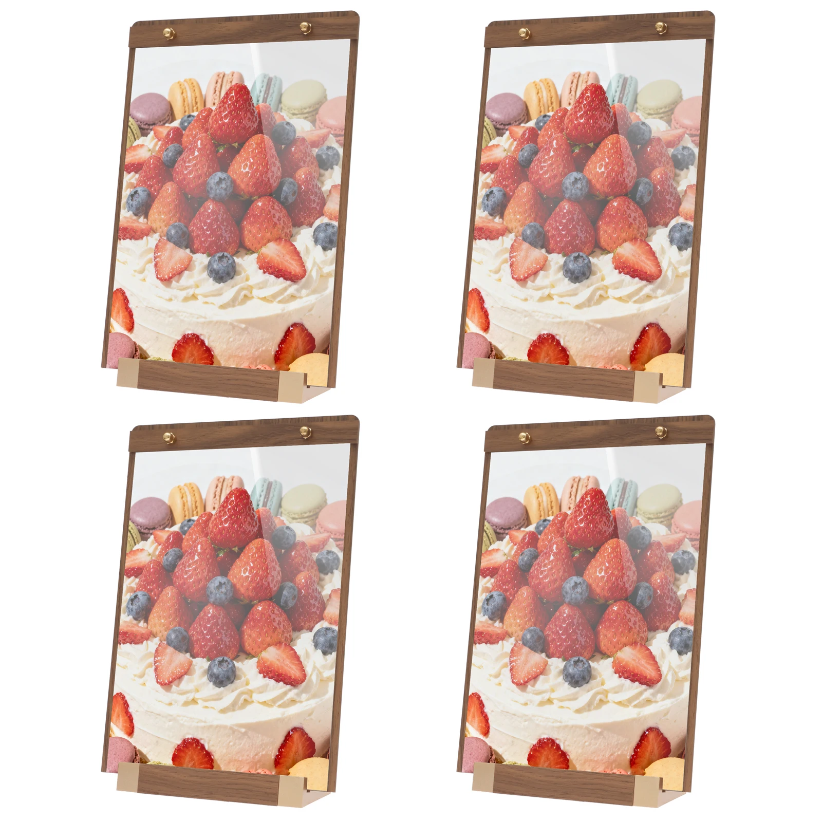 

4Pcs Acrylic Sign Holder with Walnut Wood Base Vertical Desktop Sign Display Stand for Restaurant Menu Cafe Office Notice