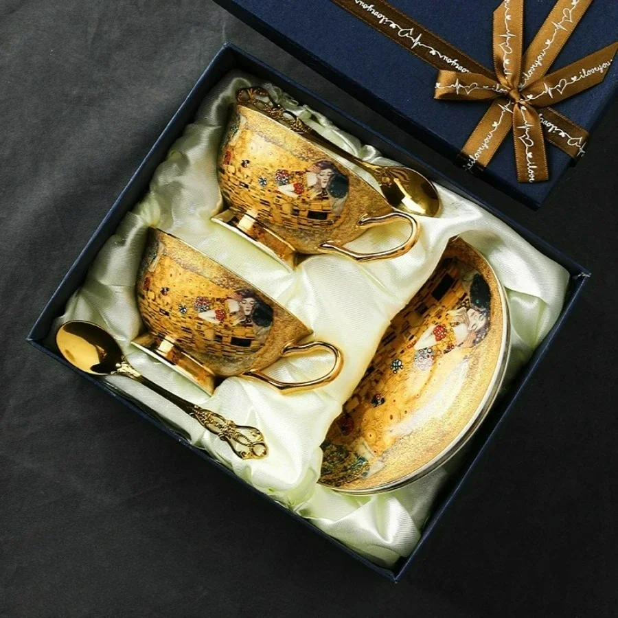 

Bone China Ceramic Tea cup set Egyptian Klimt Kiss Coffee Mug Set Luxury Porcelain Drinkware Tea cups with Spoon Tray Gift box