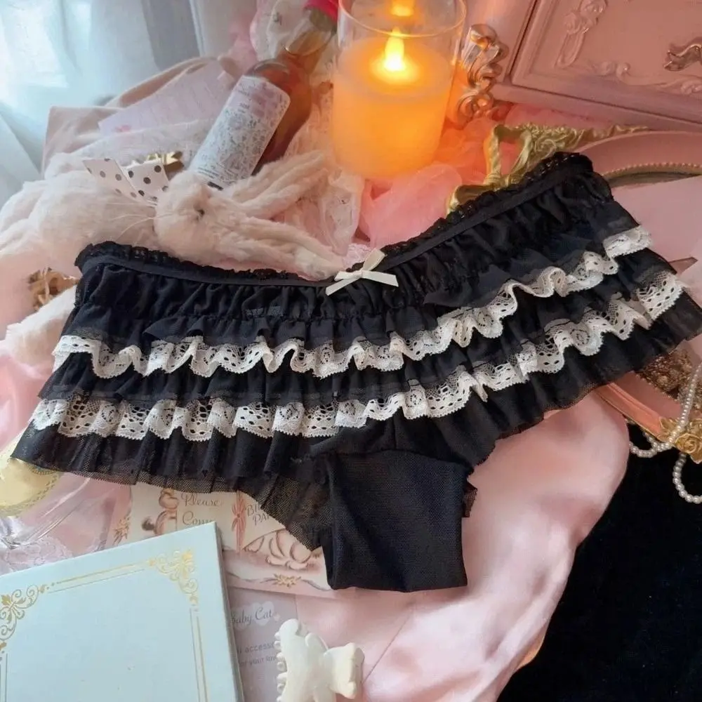 

Romantic Ruffle Lace Panties Layered Cake Design Bow Mesh Women's Underwear Low Waist Sweet Lace Briefs Girl