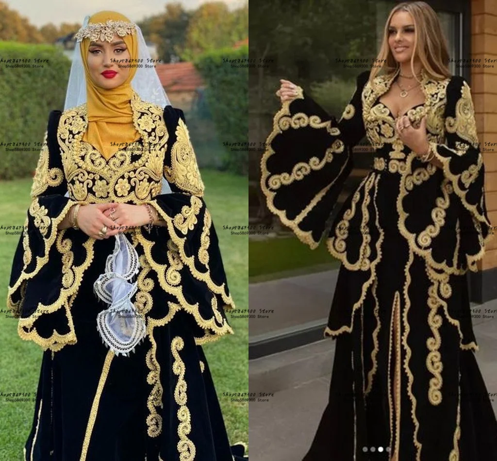 Customized   Kosovo Albanian Prom Formal Dresses 2025 Black Gold Lace Muslim Arabic Long Sleeve Jacket Caftan Evening Gown