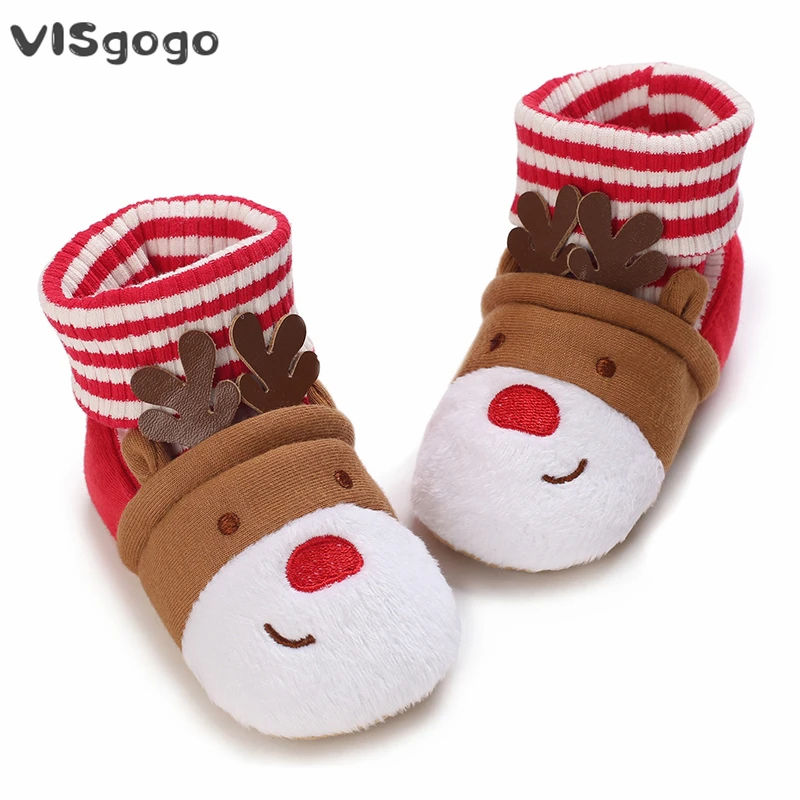 

VISgogo Infant Baby Christmas Shoes with Socks Stripe Print Deer Pattern Non-Slip Soft Ankle Boots Crib Shoes