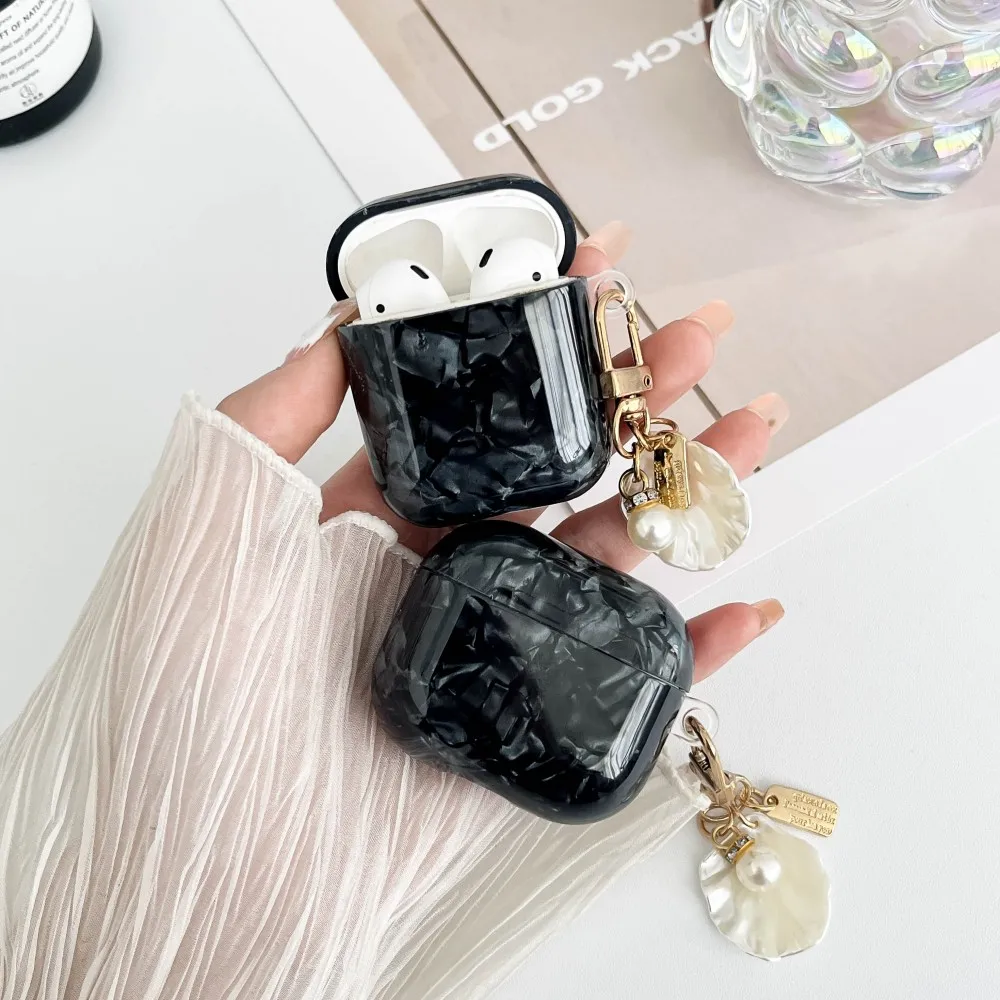 Black Shell Pattern Earphone Cover For AirPods 4 4th Generation 2024 ANC Case For Airpods 3 2 1 Pro 2 2nd Sleeve With Keychain view 3