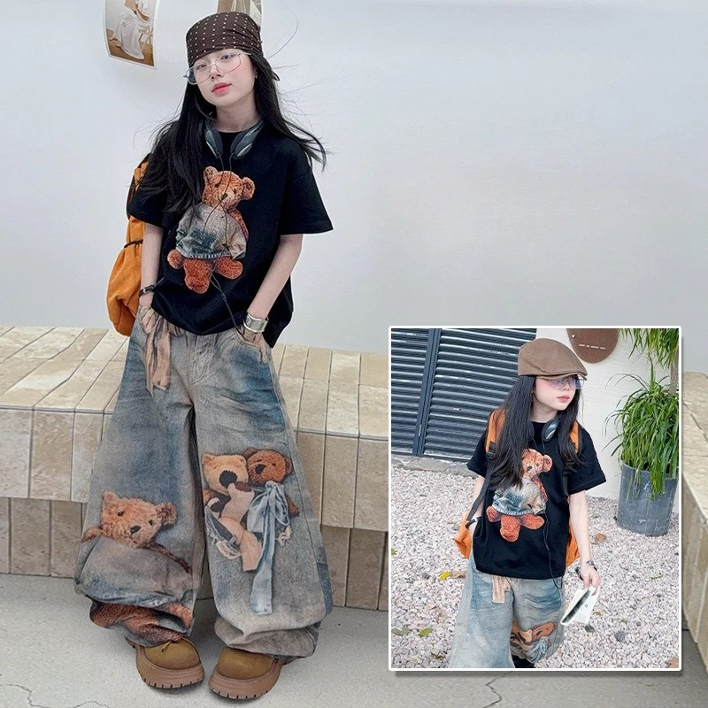 American Style Chic Black Cotton Teen Girl Cartoon Bear T-shirt 4 8 10 12 14 Junior Kid Wide-leg Jeans Child Tops Pants Outfits