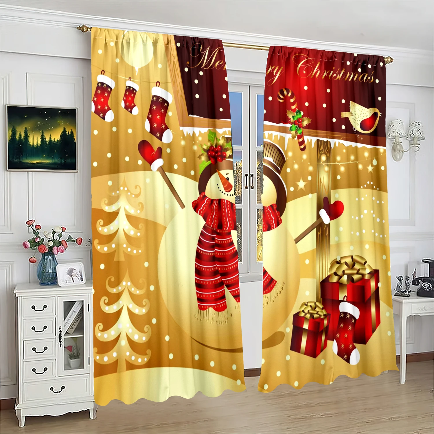 ​Festive Christmas Print Curtains - 2-Piece Polyester Set for Bedroom, Living Room & Study Decor, Holiday Window Treatment​