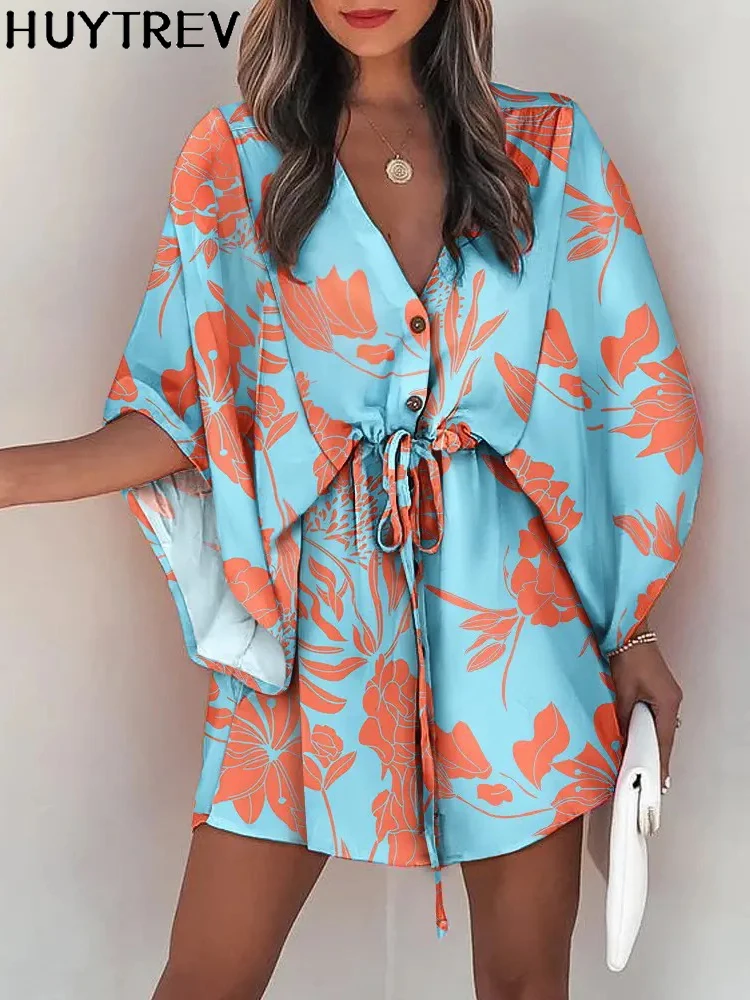 Casual Loose Bohemian Beach Vacation Dress For Summer Fashion V Neck Batwing Sleeve Print Boho Lace Up Waist Mini Dresses Woman