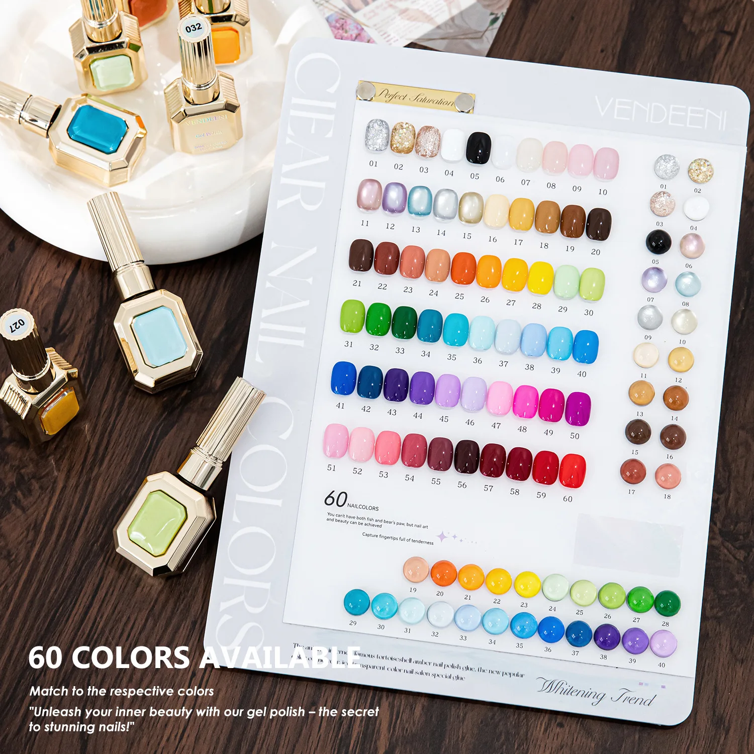 Vendeeni 60pcs Gel Nail Polish Set With Color Card Different Bottles Includes Cat Eye, Glitter, Candy Transparent & Solid Colors