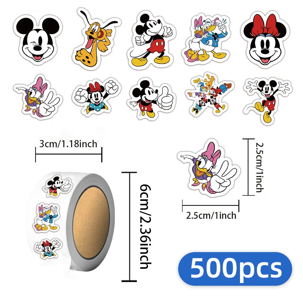 

500pcs Disney Anime Mickey Mouse Sealing Stickers Cute DIY Laptop Sticker Roll Notebook Guitar Cartoon Decoration Reward Decals