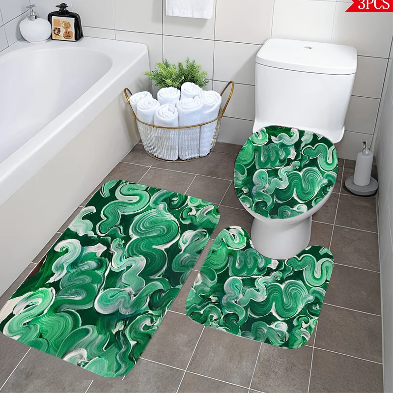 

Green Marble 3pc Bath Set – Fluid Art Design, Plush Toilet Cover, U Mat & Floor Rug, Soft Non-Slip Decor, Machine Washable