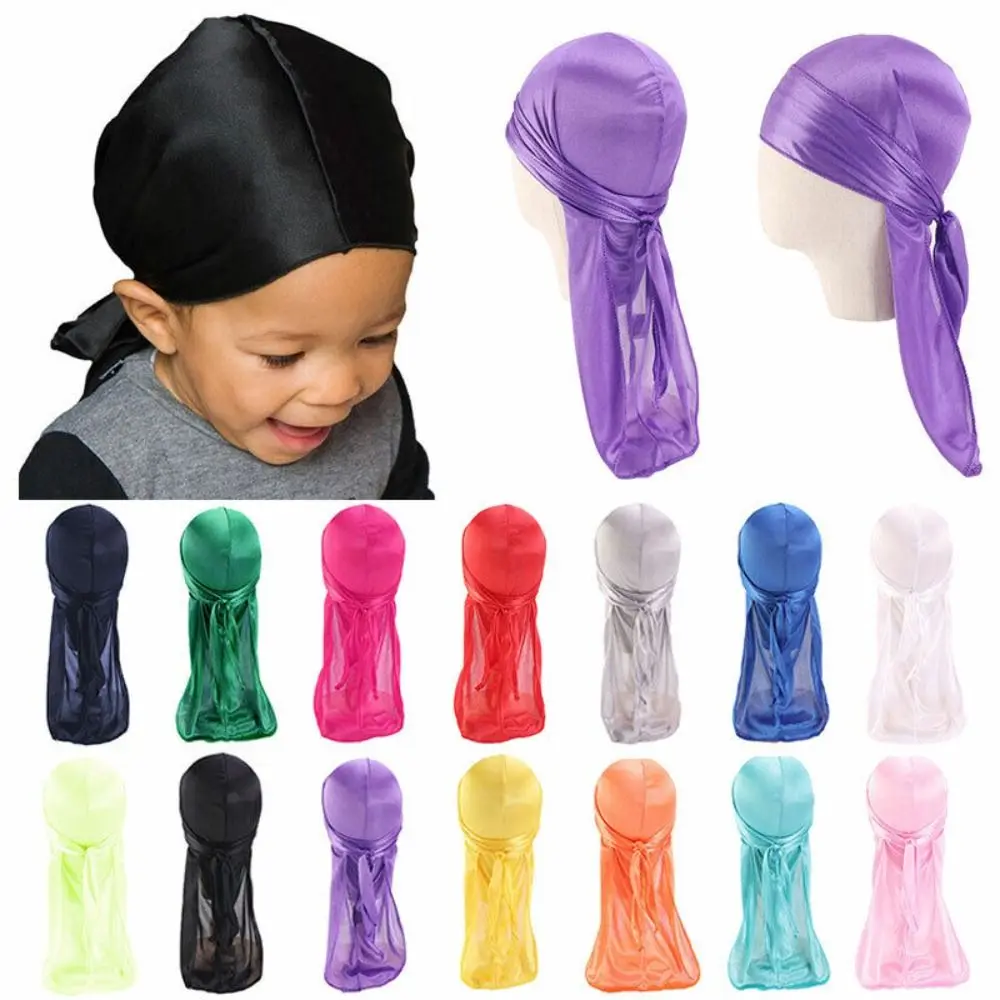 2Pcs Cap Imitation Silk Pirate Hat Pirate Long Tail Elastic Headwrap Pre-Tied Hip Hop Baby Turban Hijab Children