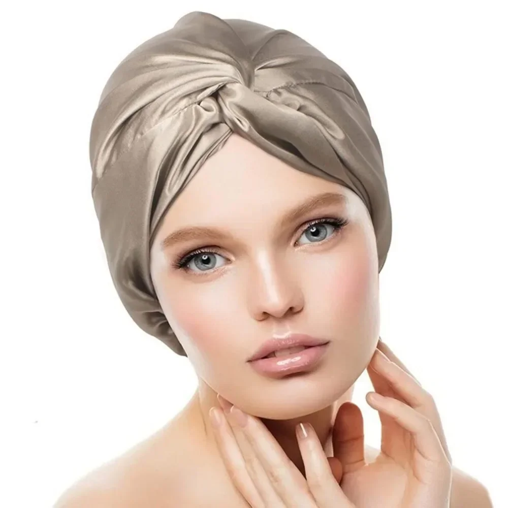 Bonnet Solid Color Turban Hat for Women Soft Sleeping Night Cap Double Layer Silk Hair Wrap Cap for Curly Ladies Bath Cap