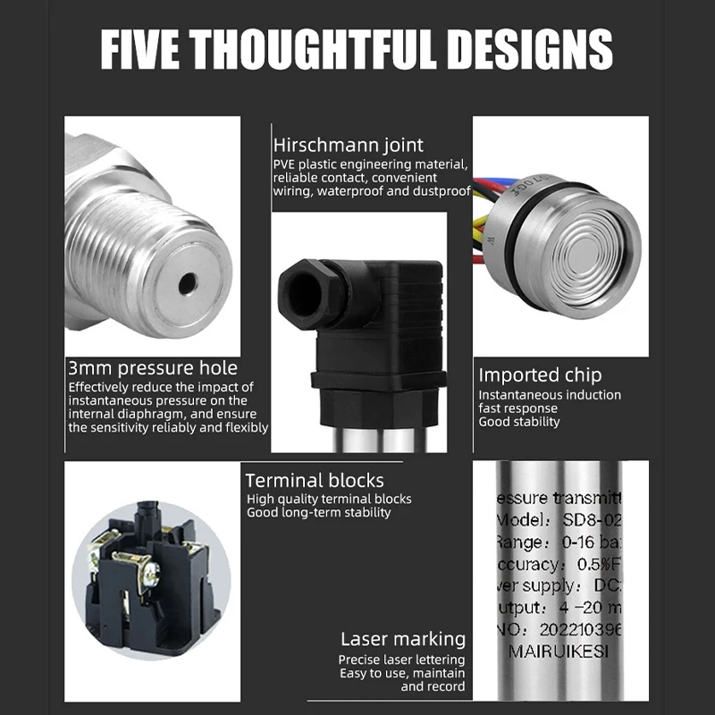 Sensor pemancar tekanan MAIRUIKESI 4-20mA 24VDC 0.5% FS baja tahan karat sensor silikon terdifusi untuk Gas bahan bakar minyak air