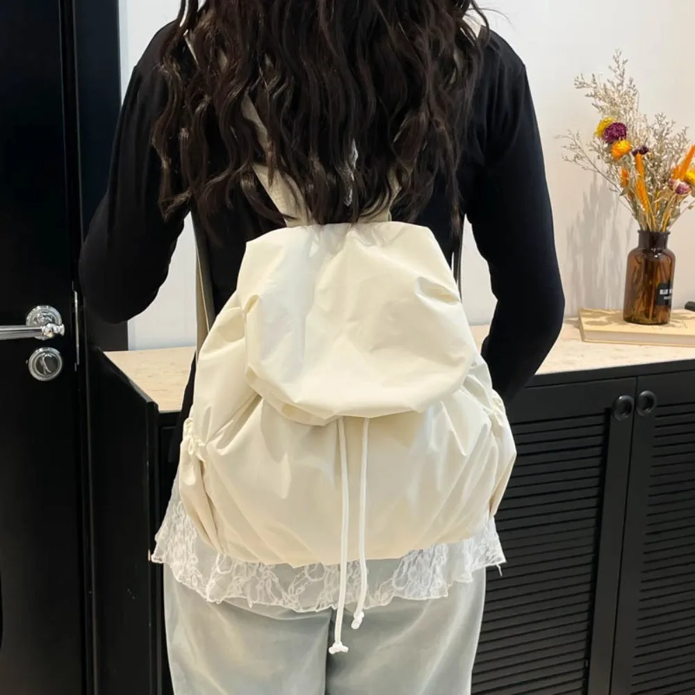 

Fashion Solid Color Drawstring Backpack Flap Pleated Nylon Backpack Korean Style Multi Functional Sports Shoulders Bag Travel
