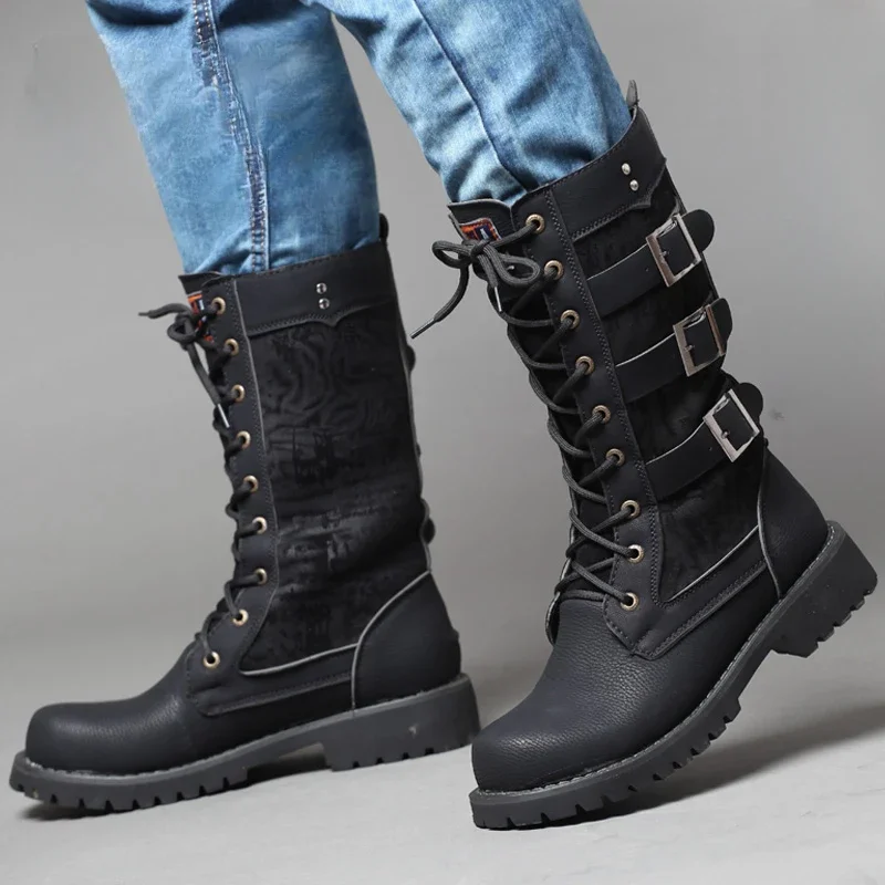 Height-increasing Men's Boots Fashion Buckle Mid-calf Motorcycle Boots Punk Style Male Cowboy Knight Leather Boots Casual Shoes