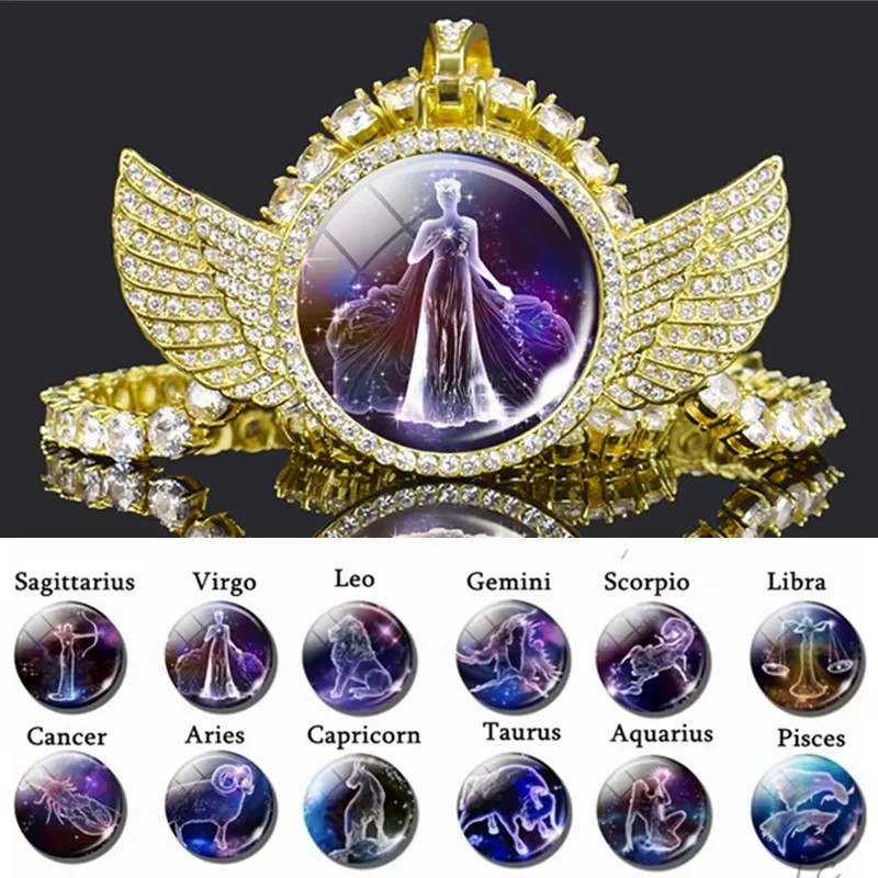 

Virgo Gemini Leo Libra Pisces Zodiac Necklace Angel Wing Pendant Necklaces 12 Constellation Zircon Jewelry for Women and Men