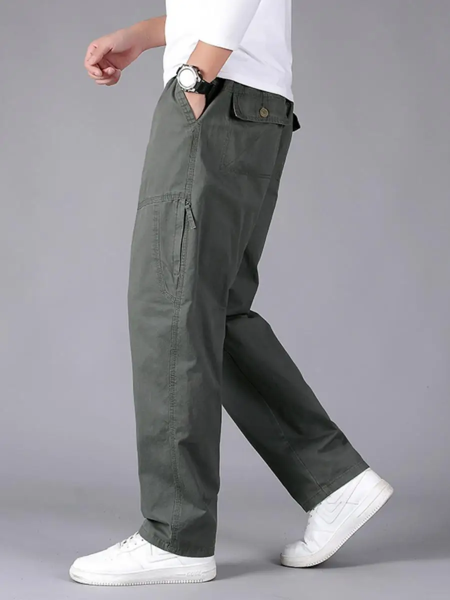 

Loose Straight Leg Cotton Casual Pants for Middle-Aged Men Dad Men's Pants Autumn Workwear Elastic Waist Zipper Decoration