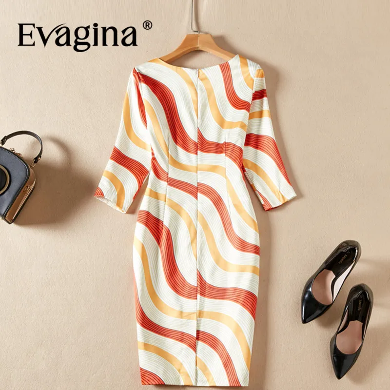 Evagina Striped Printing Three Quarter Sleeve Mini Dress 2024 Spring Summer New Women's High Street Slim Split Dresses