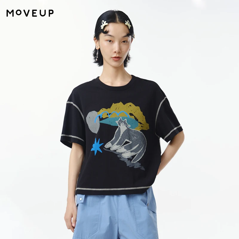 MOVEUP Oversize Short Sleeves Round Neck T-Shirt 2026 Summer Contrast Color Cartoon Cat Printing Casual Top For Women 325110552