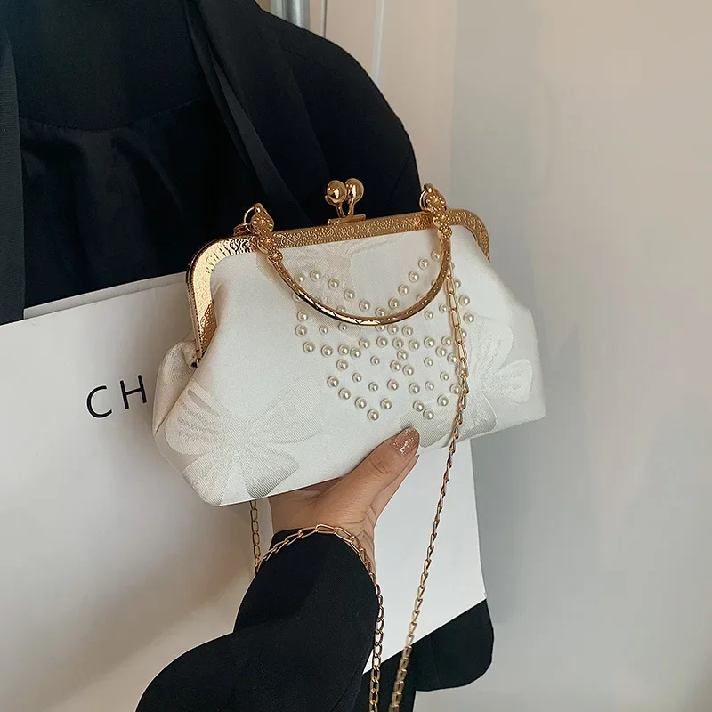 New Chinese fashion dinner bag  high-texture silk clip buckle shell clutch bag girl chain shoulder crossbody