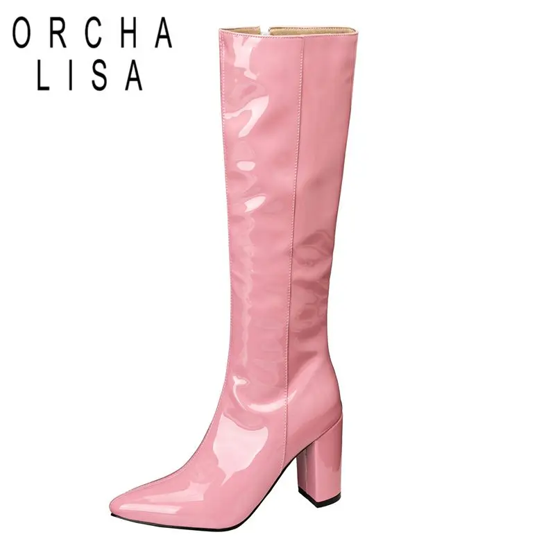 

ORCHA LISA 2025 Sexy Women Boots Pointed Toe Block Heels 8.5cm Zipper Large Size 44 45 46 Shiny Dating Party Knee High Booties