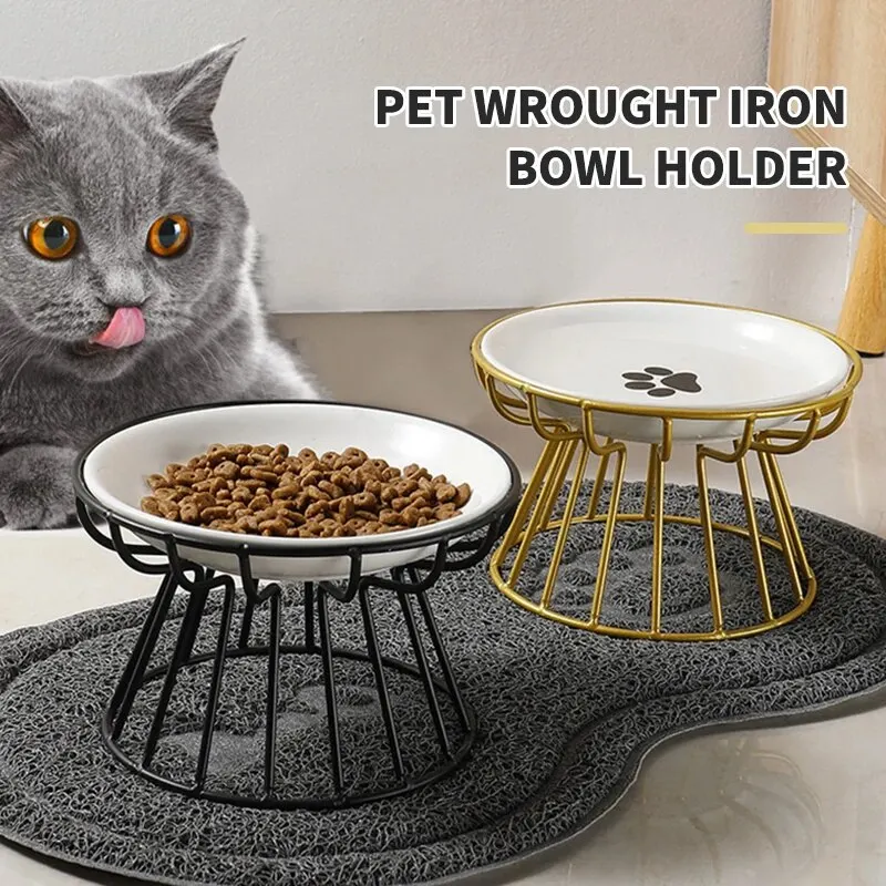 1Set Pet Ceramic Bowl Iron Rack Cat Food Snacks Canned Plate Anti-black Chin Anti-turning Water Does Not Leak Easy To Eat