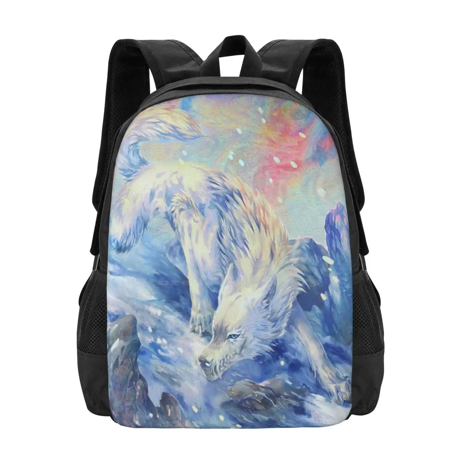 Skoll - Watercolor Hot Sale Backpack Fashion Bags Watercolor Watercolour Wolf Pastel Blue White Pink Traditional Snow