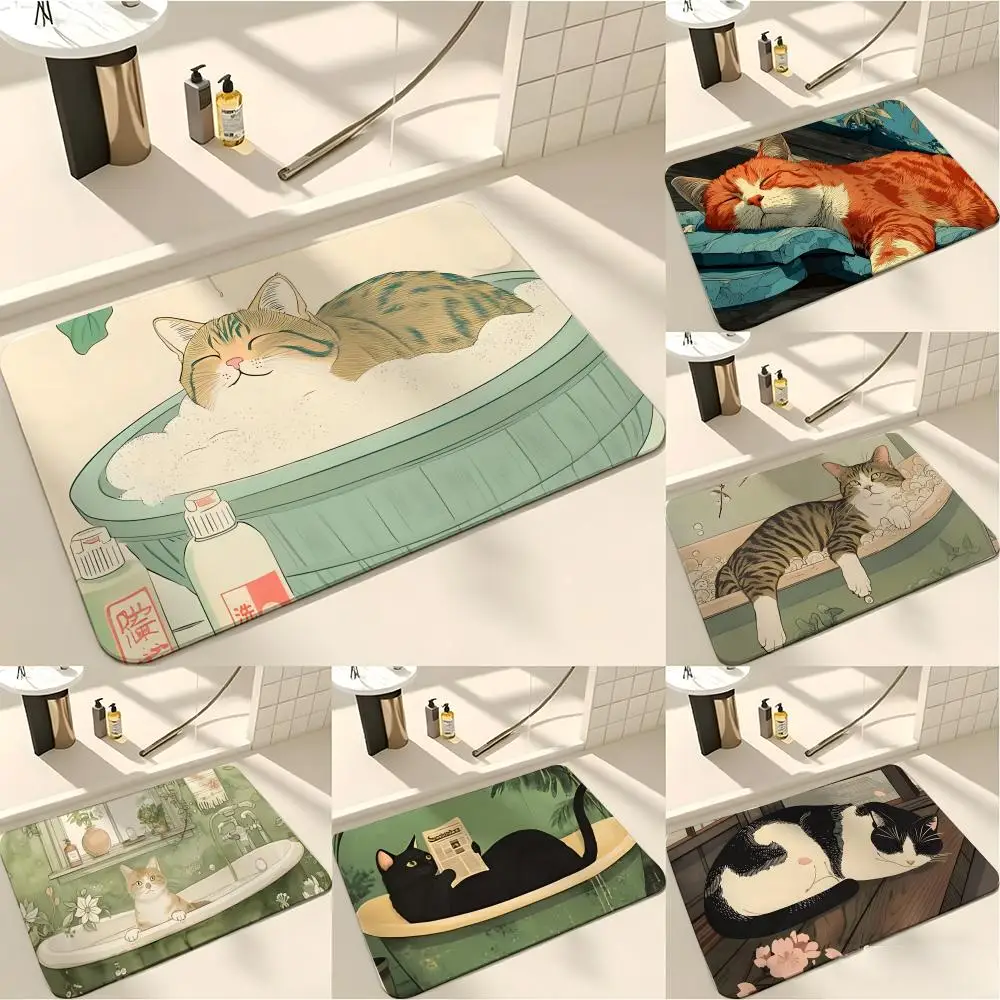 fashion T-Tabby Cat in Bathtub Floor Mat Absorbent Floor Mat Non-Slip Entrance Rug for Bathrooms Restrooms and Toilets